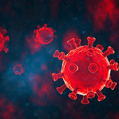 A red and blue graphic depiction of virus